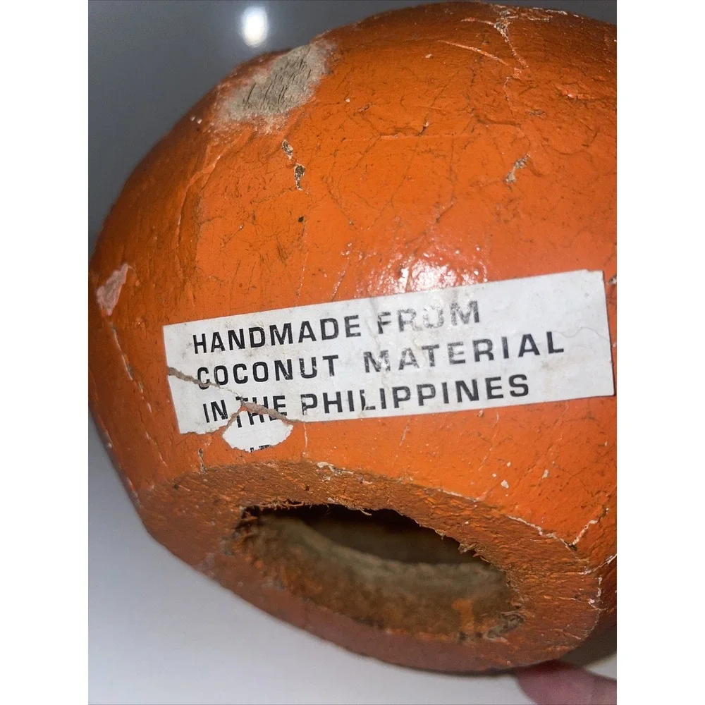 VTG Halloween‎ Coconut Pumpkin Jack-O-Lantern Handcrafted Philippines Painted E7